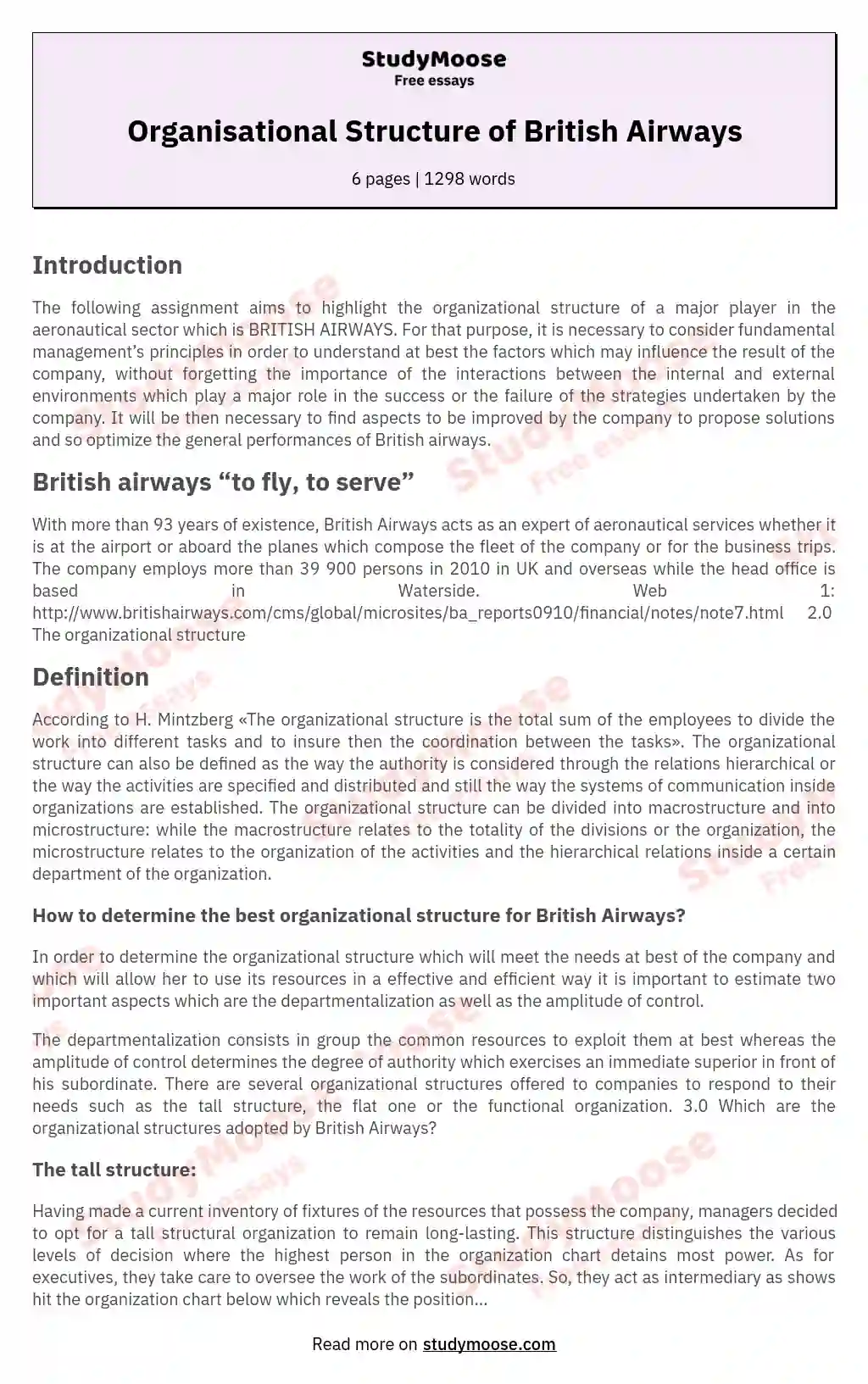 Organisational Structure of British Airways essay