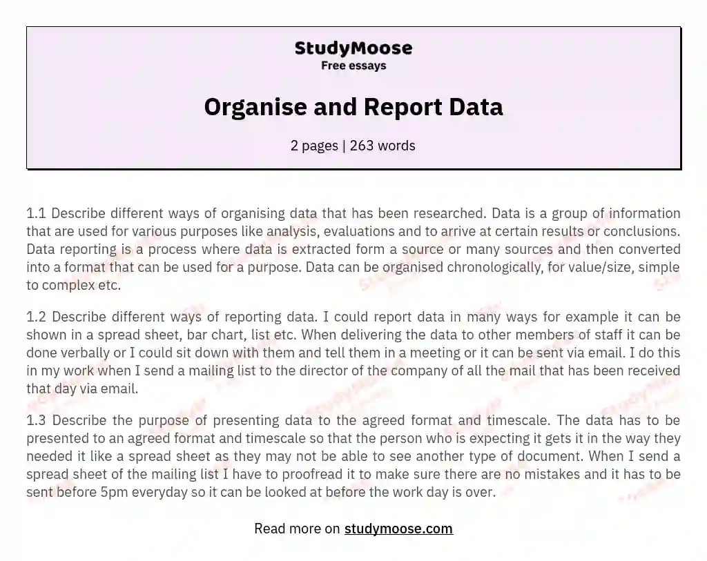 Organise and Report Data essay