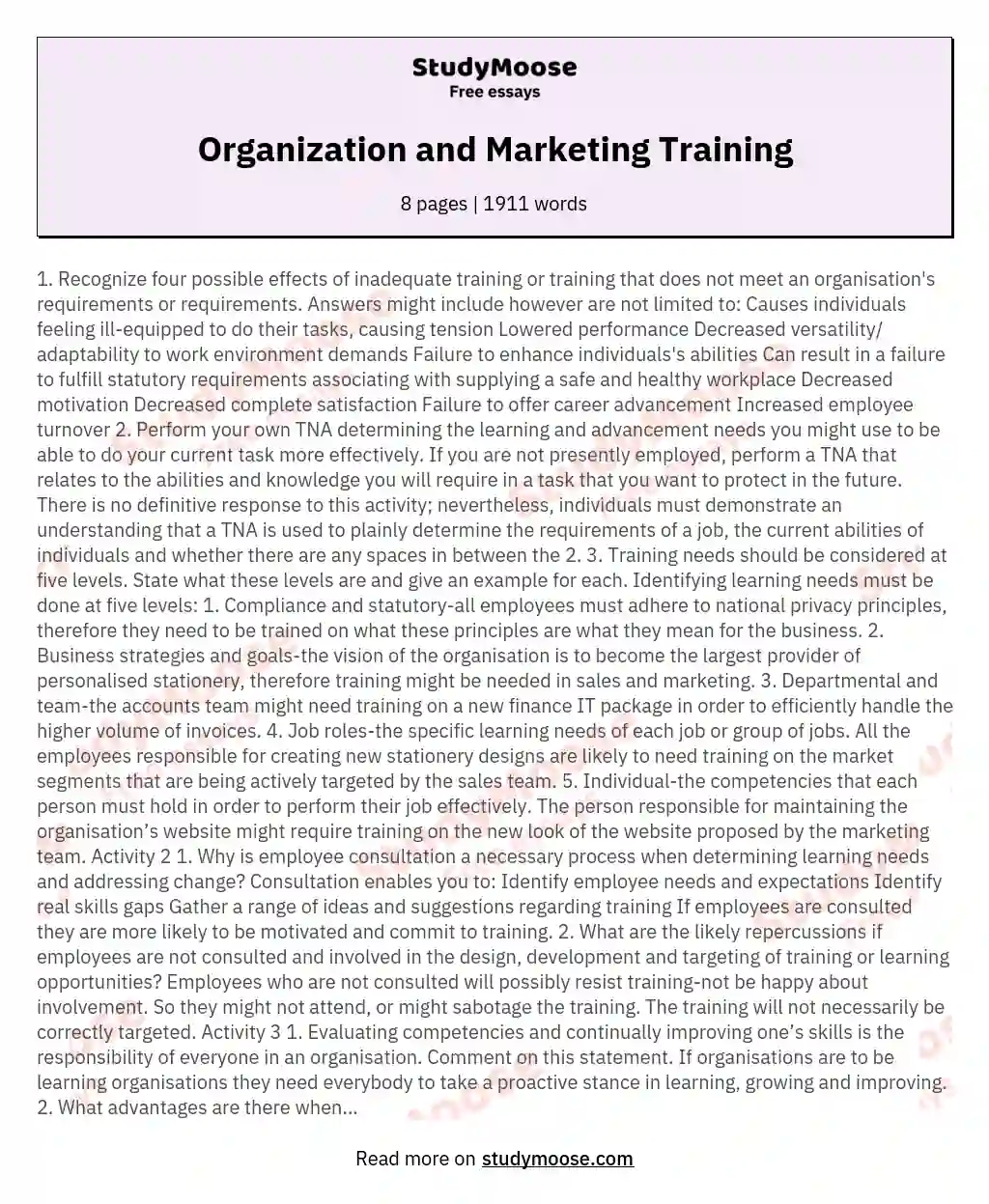 Organization and Marketing Training essay