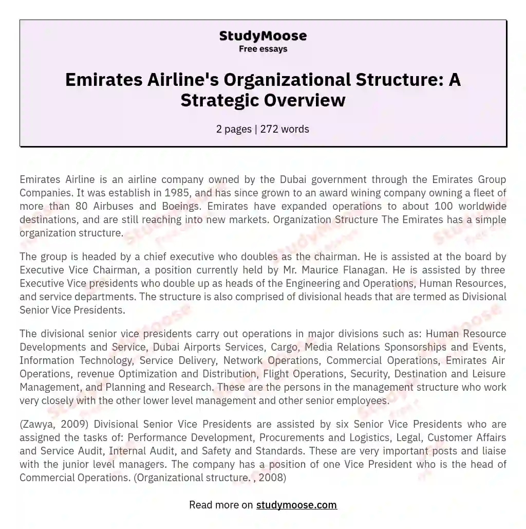 Emirates Airline's Organizational Structure: A Strategic Overview essay