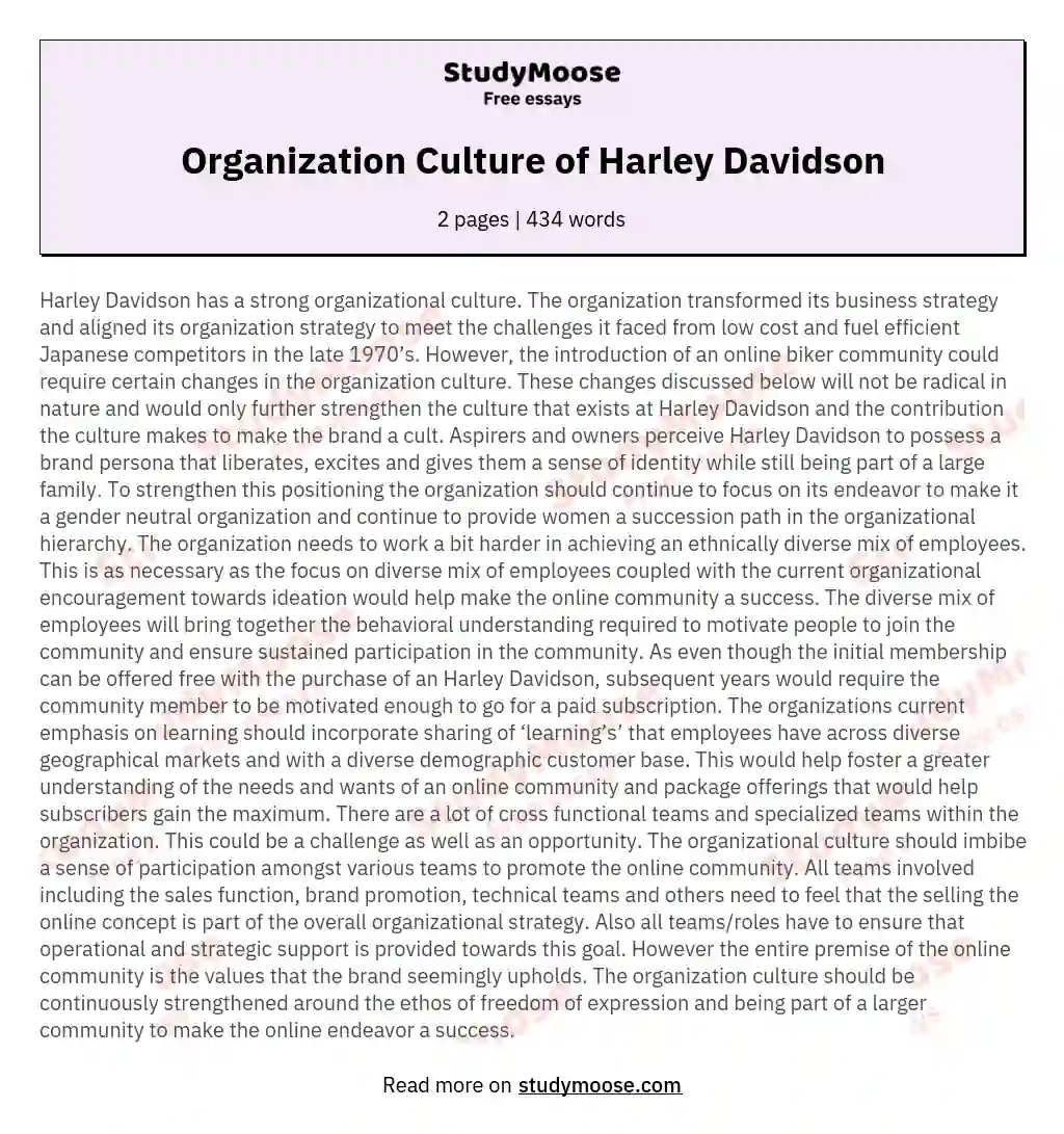Organization Culture of Harley Davidson essay
