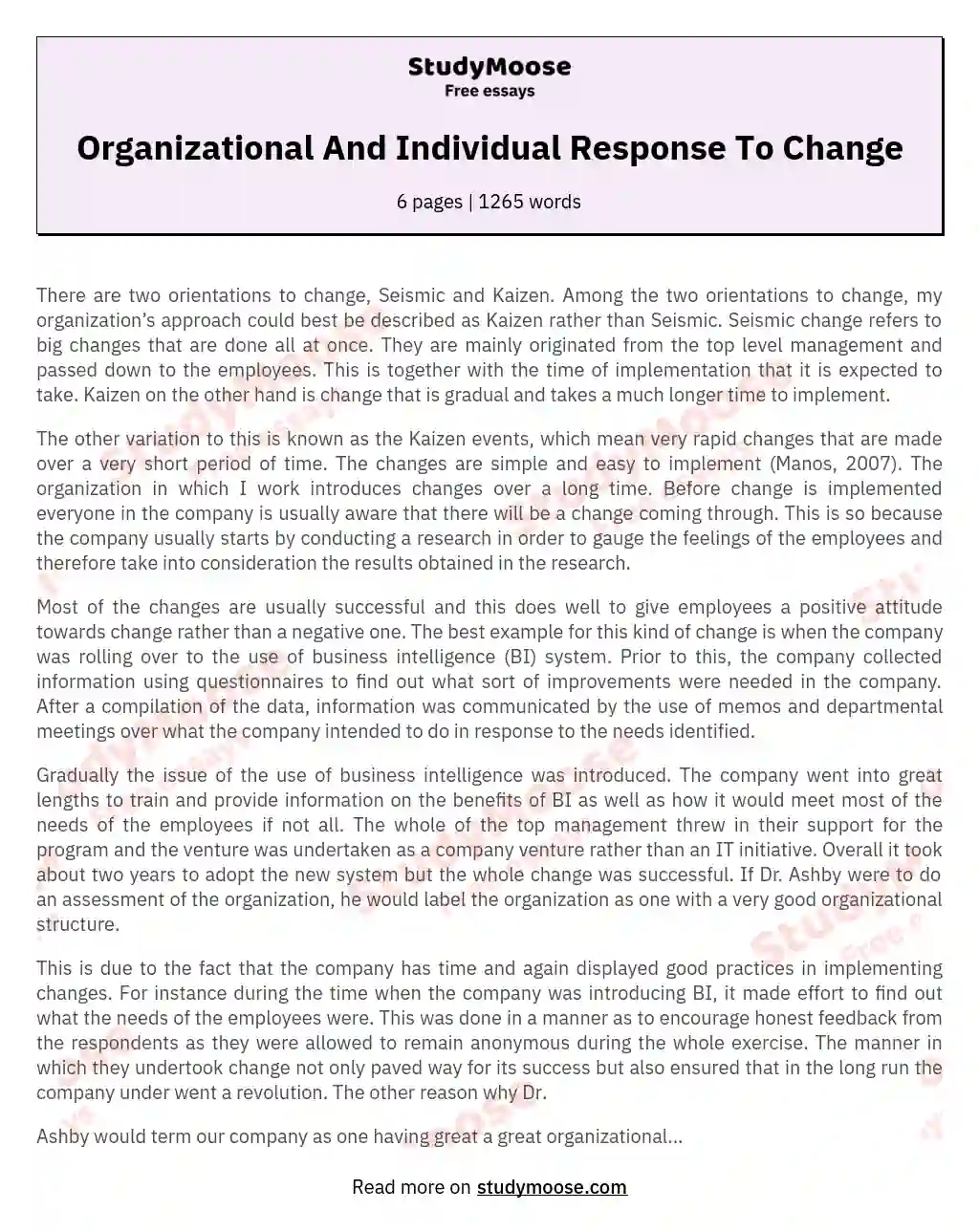 Organizational And Individual Response To Change essay