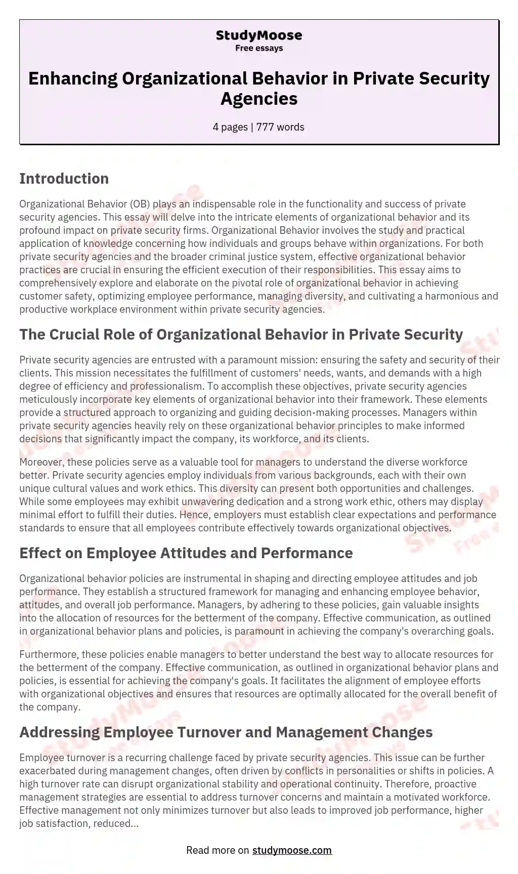 Enhancing Organizational Behavior in Private Security Agencies essay