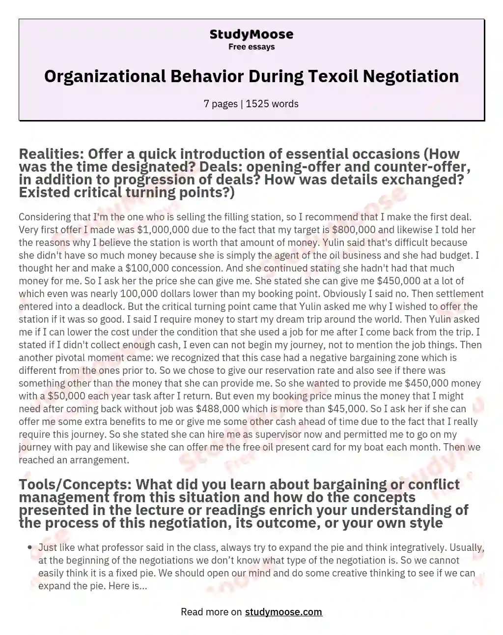 Organizational Behavior During Texoil Negotiation essay