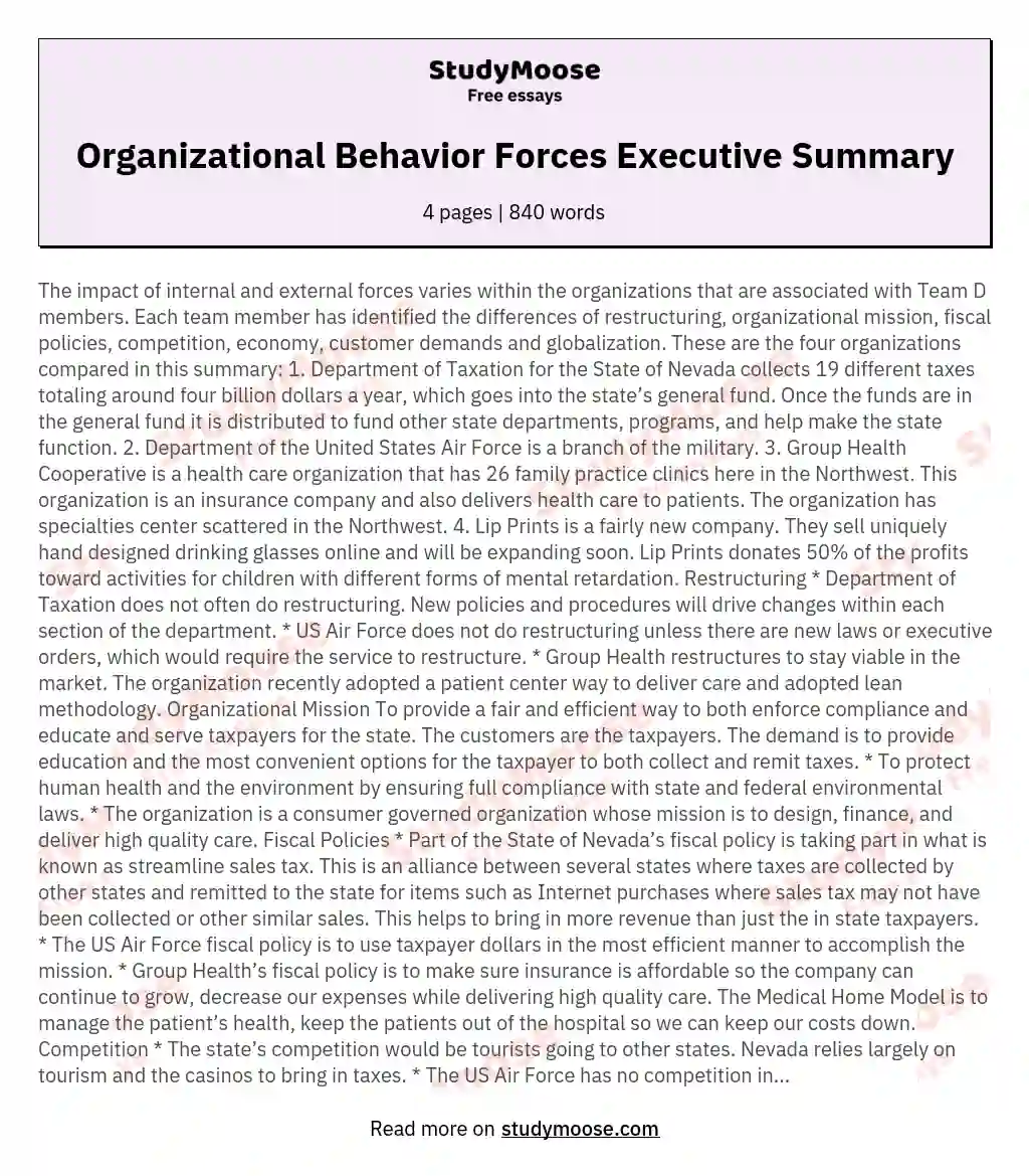Organizational Behavior Forces Executive Summary essay