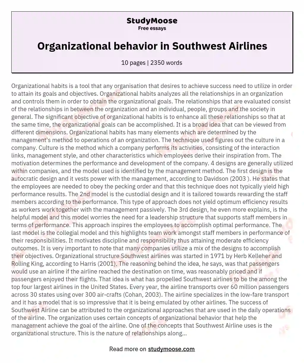 Organizational behavior in Southwest Airlines essay