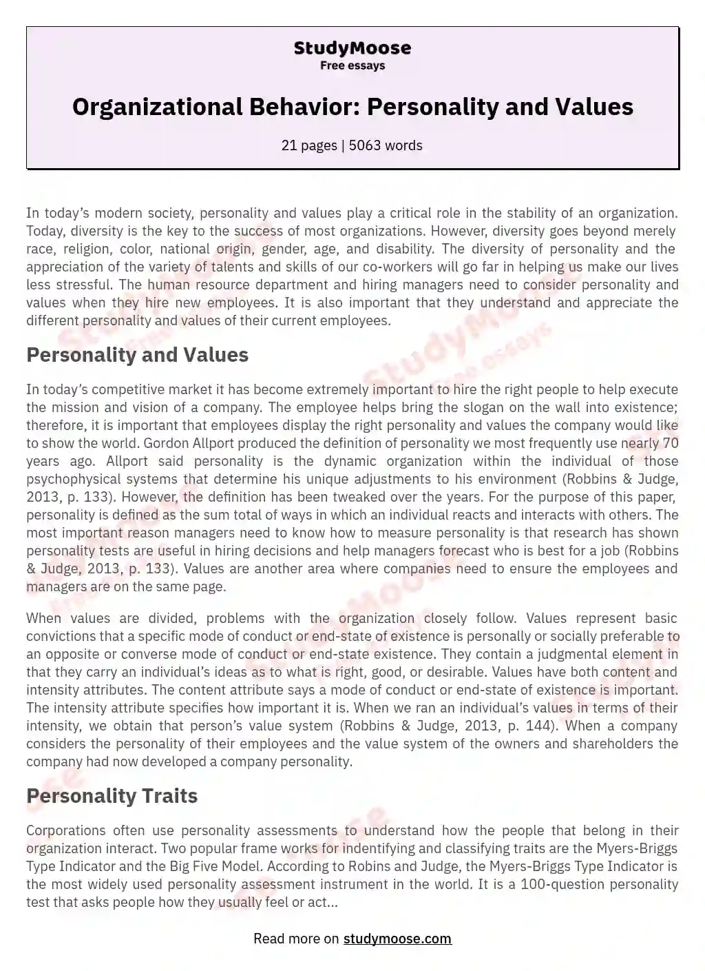 Organizational Behavior: Personality and Values essay