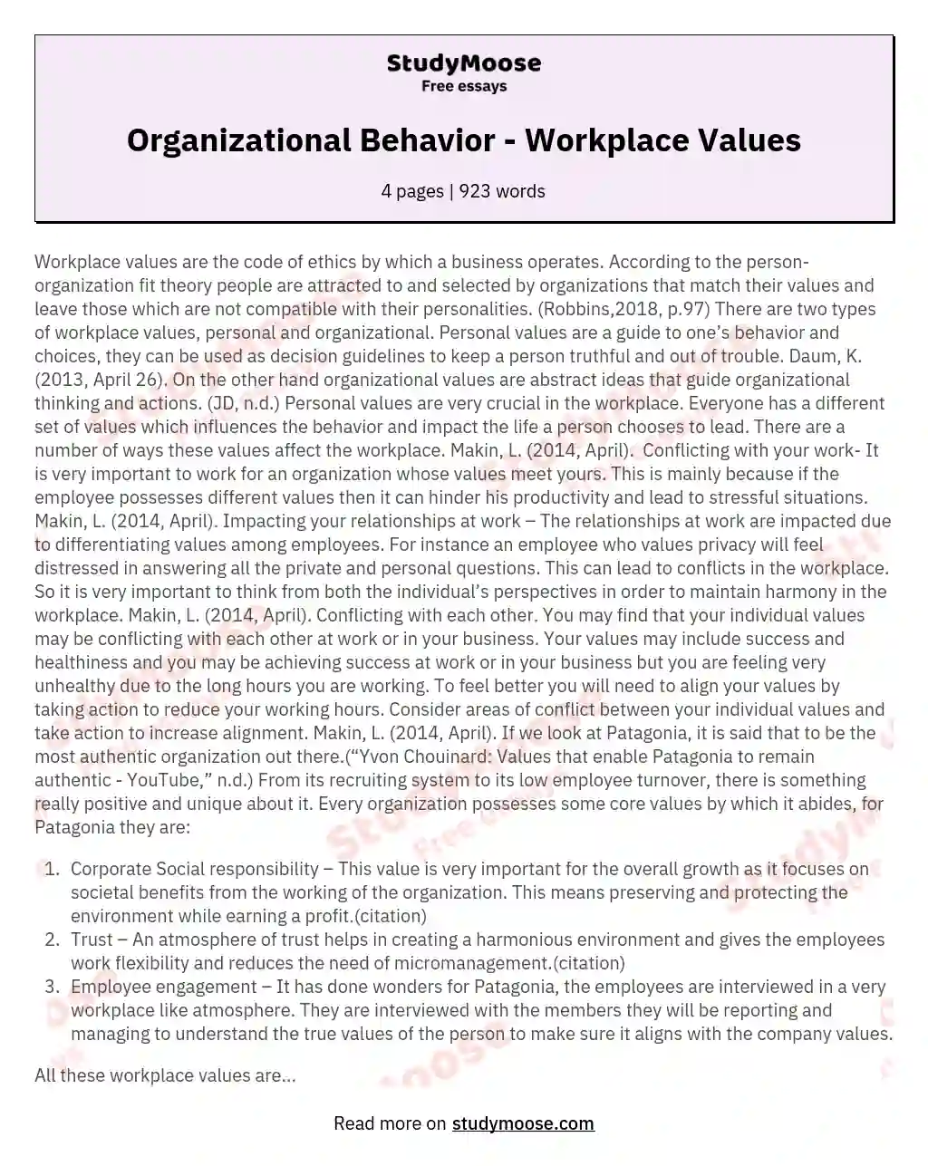 Organizational Behavior - Workplace Values