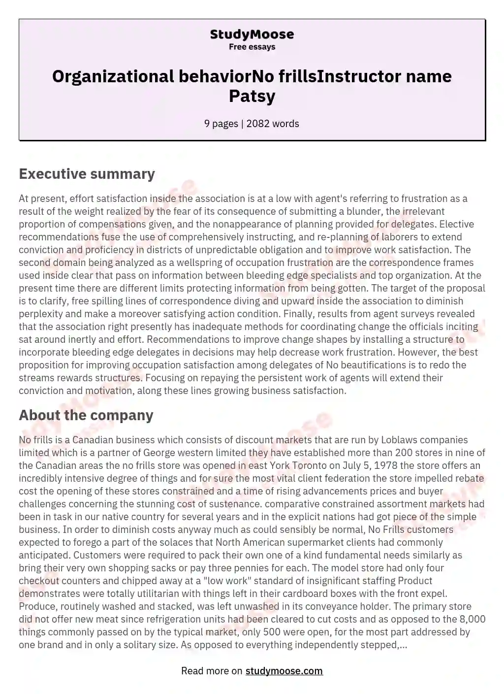 Organizational behaviorNo frillsInstructor name Patsy essay