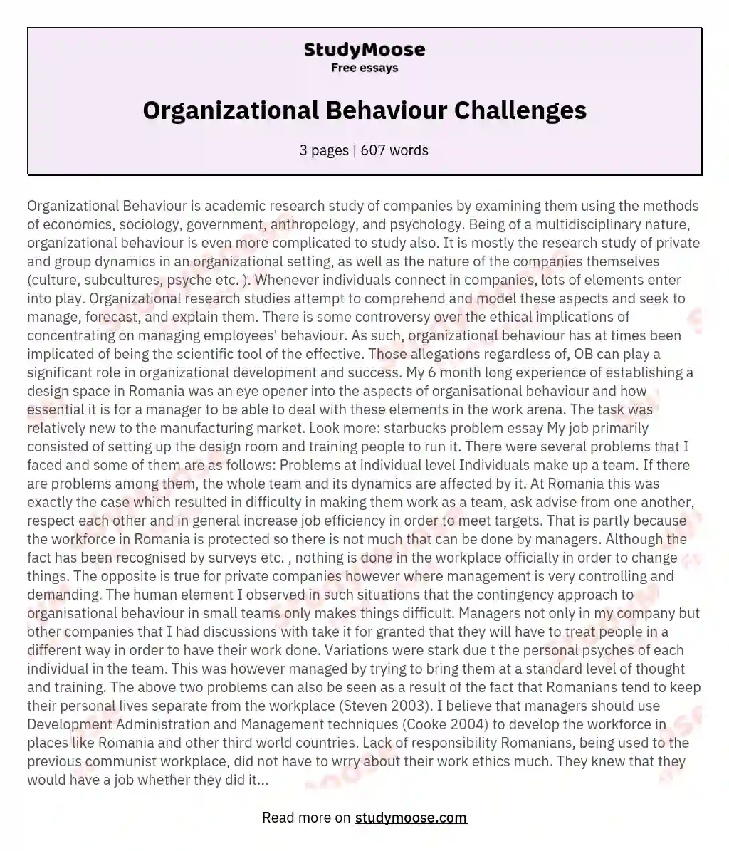 Organizational Behaviour Challenges essay