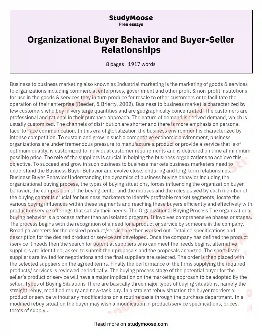 Organizational Buyer Behavior and Buyer-Seller Relationships essay