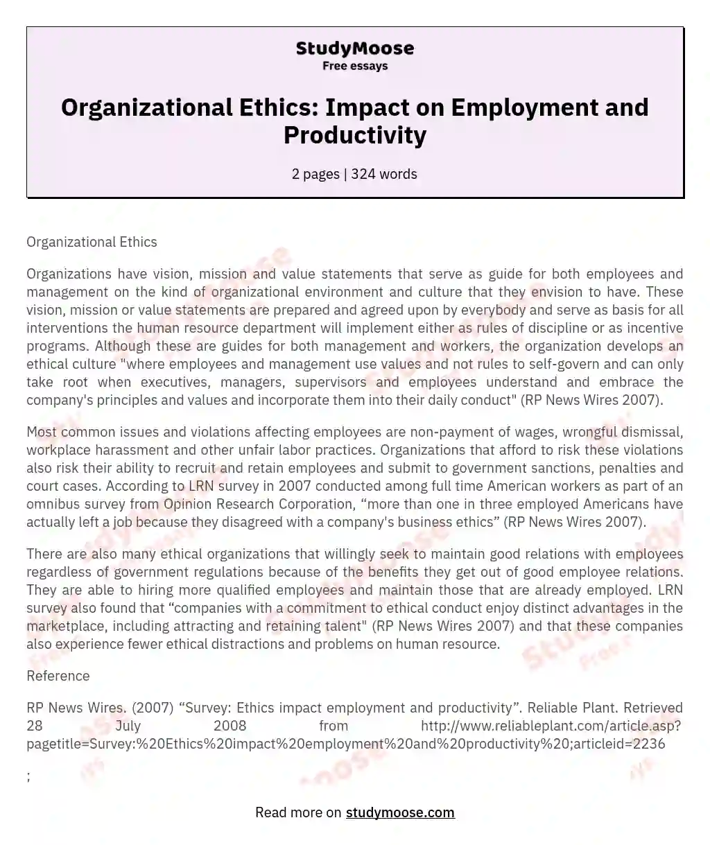 Organizational Ethics: Impact on Employment and Productivity essay