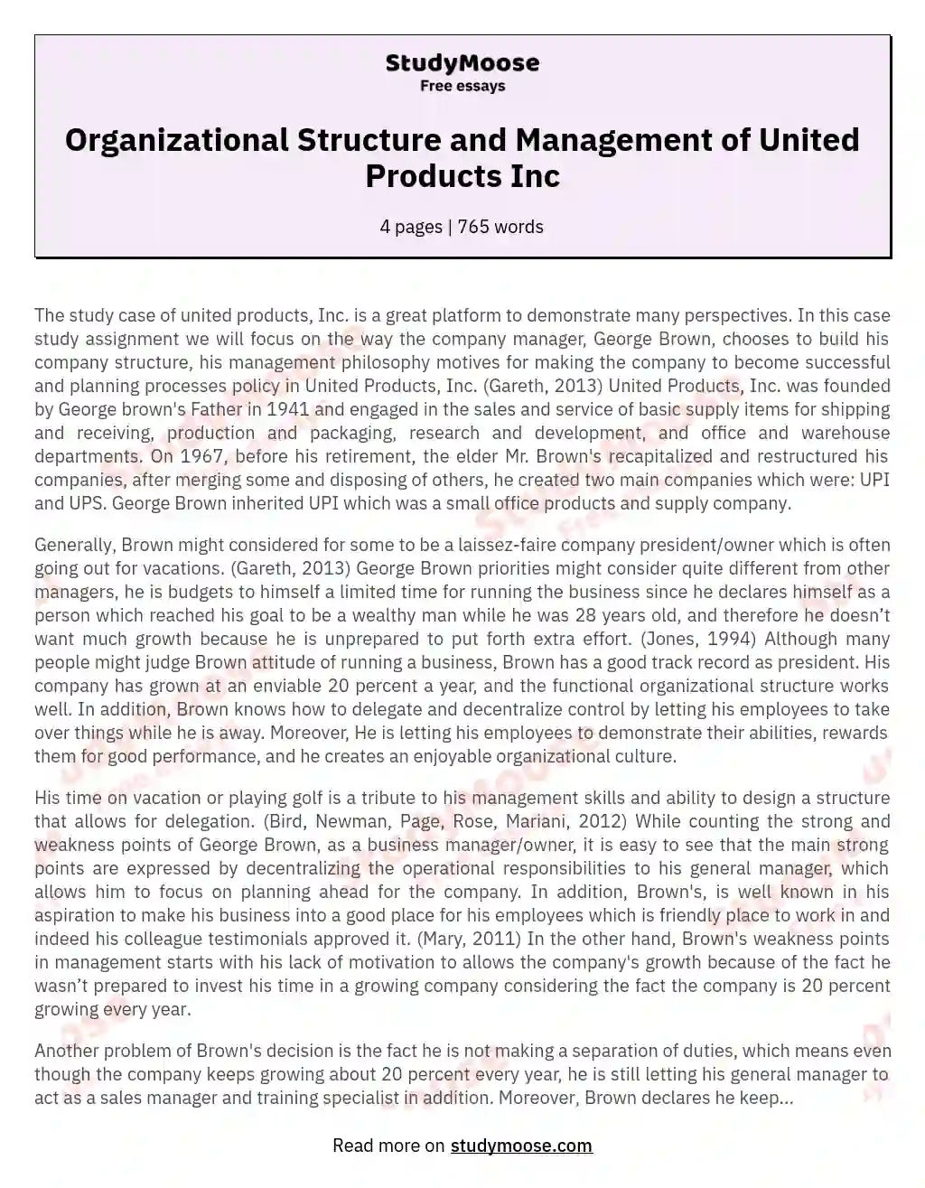 Organizational Structure and Management of United Products Inc essay