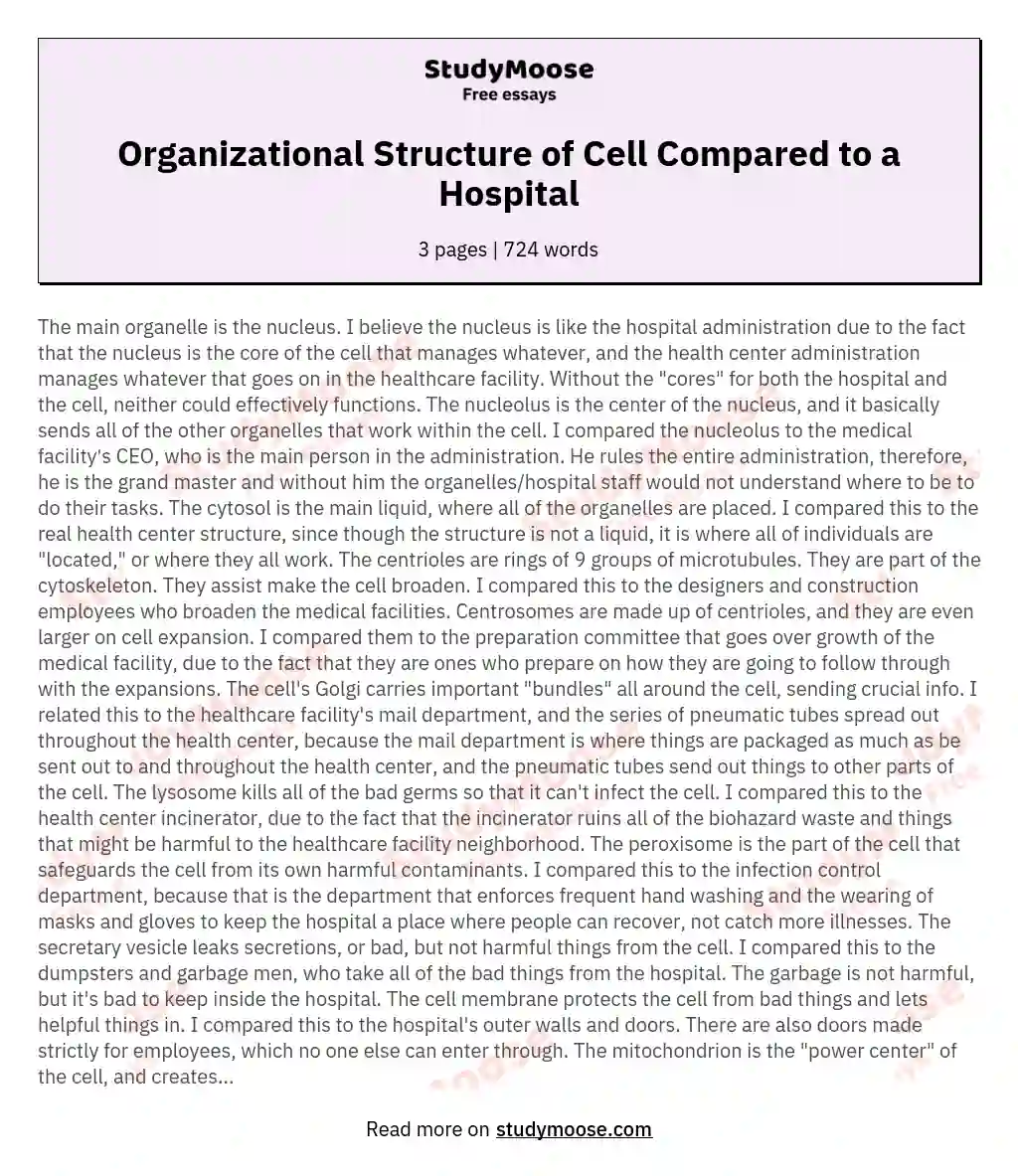 Organizational Structure of Cell Compared to a Hospital essay