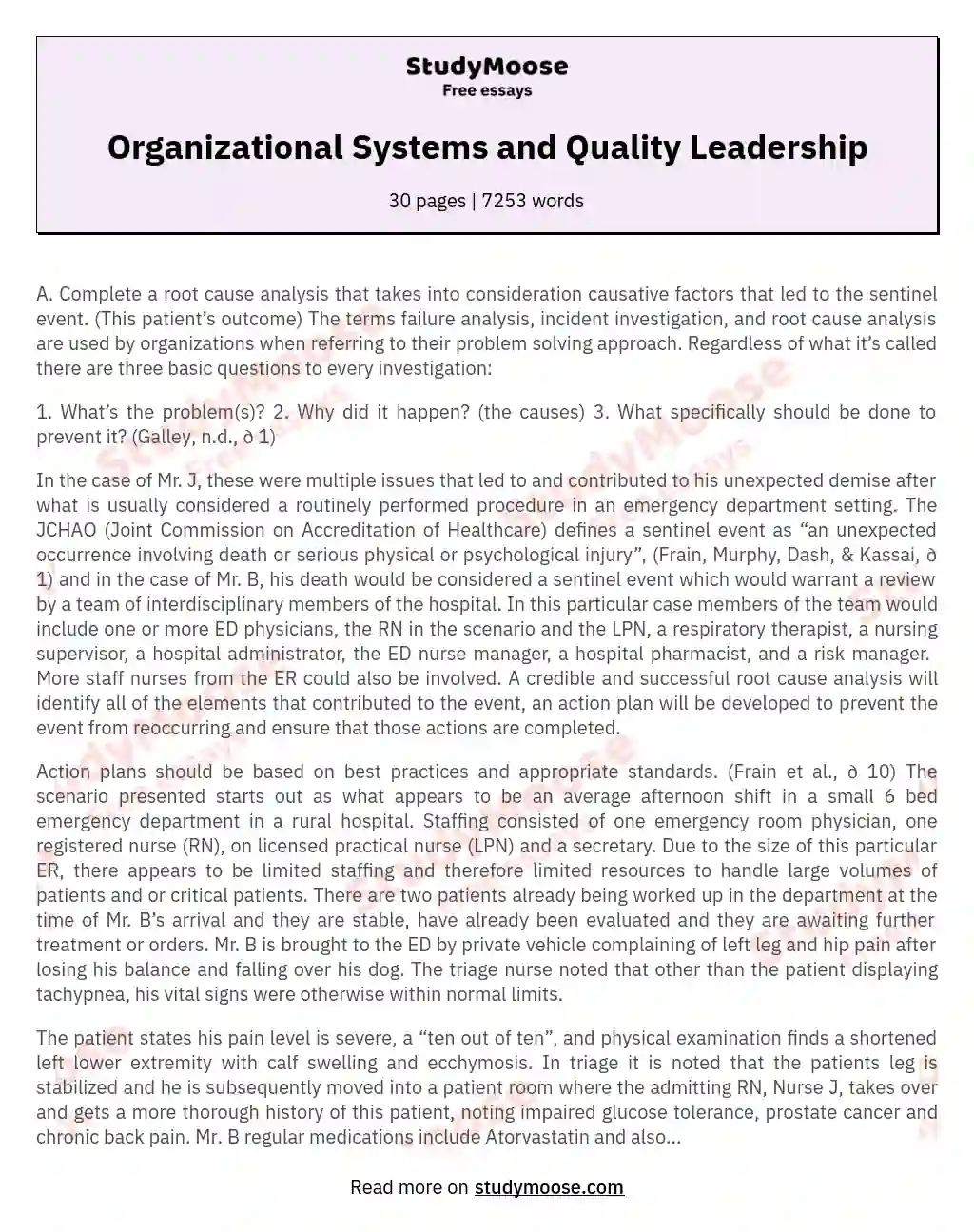 Organizational Systems and Quality Leadership essay