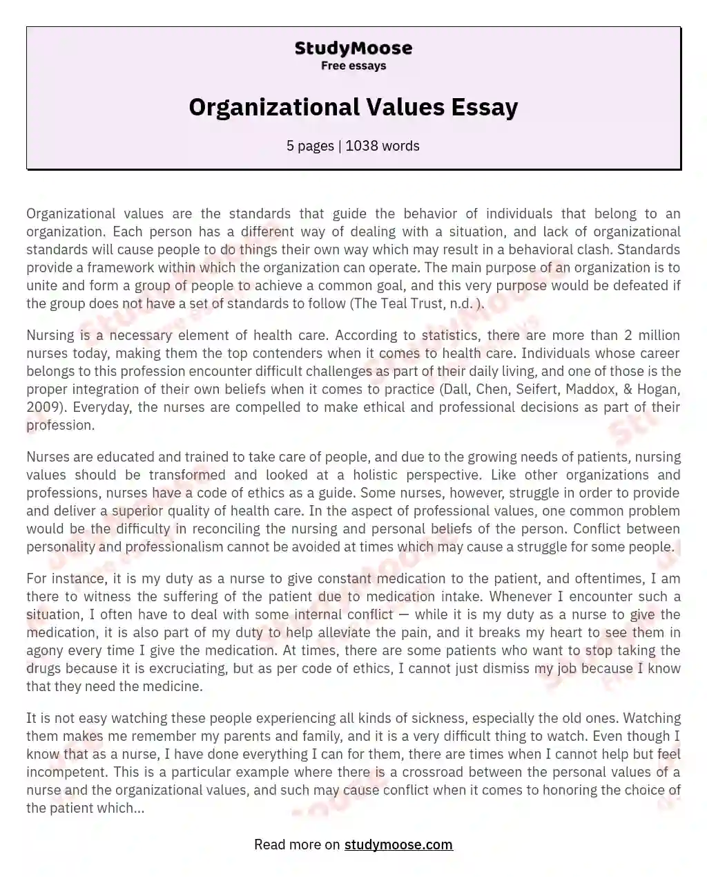 Organizational Values Essay essay