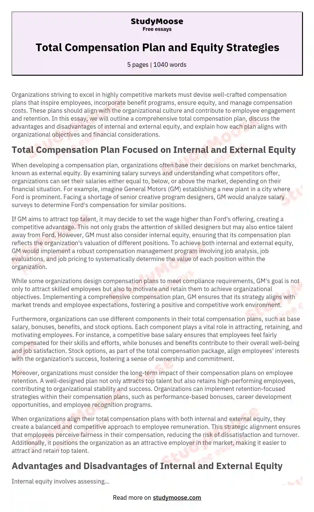 Total Compensation Plan and Equity Strategies essay