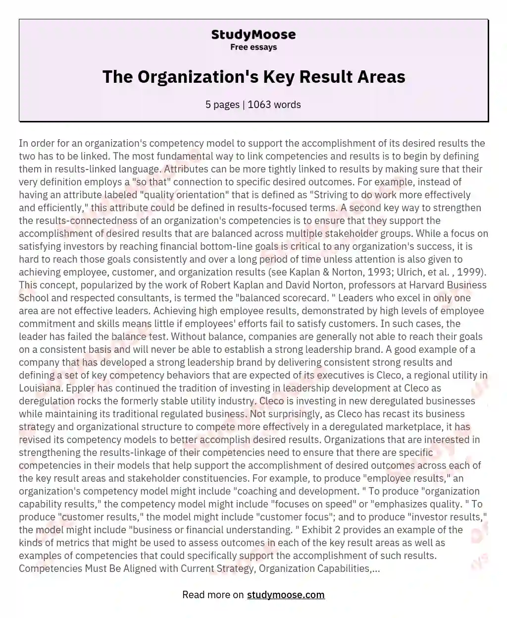 The Organization's Key Result Areas essay