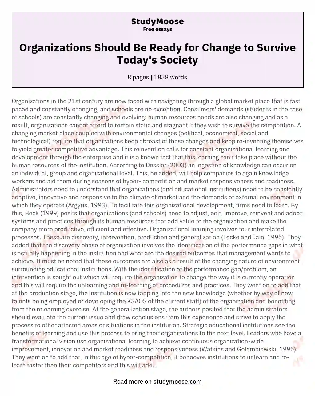 Organizations Should Be Ready for Change to Survive Today's Society essay