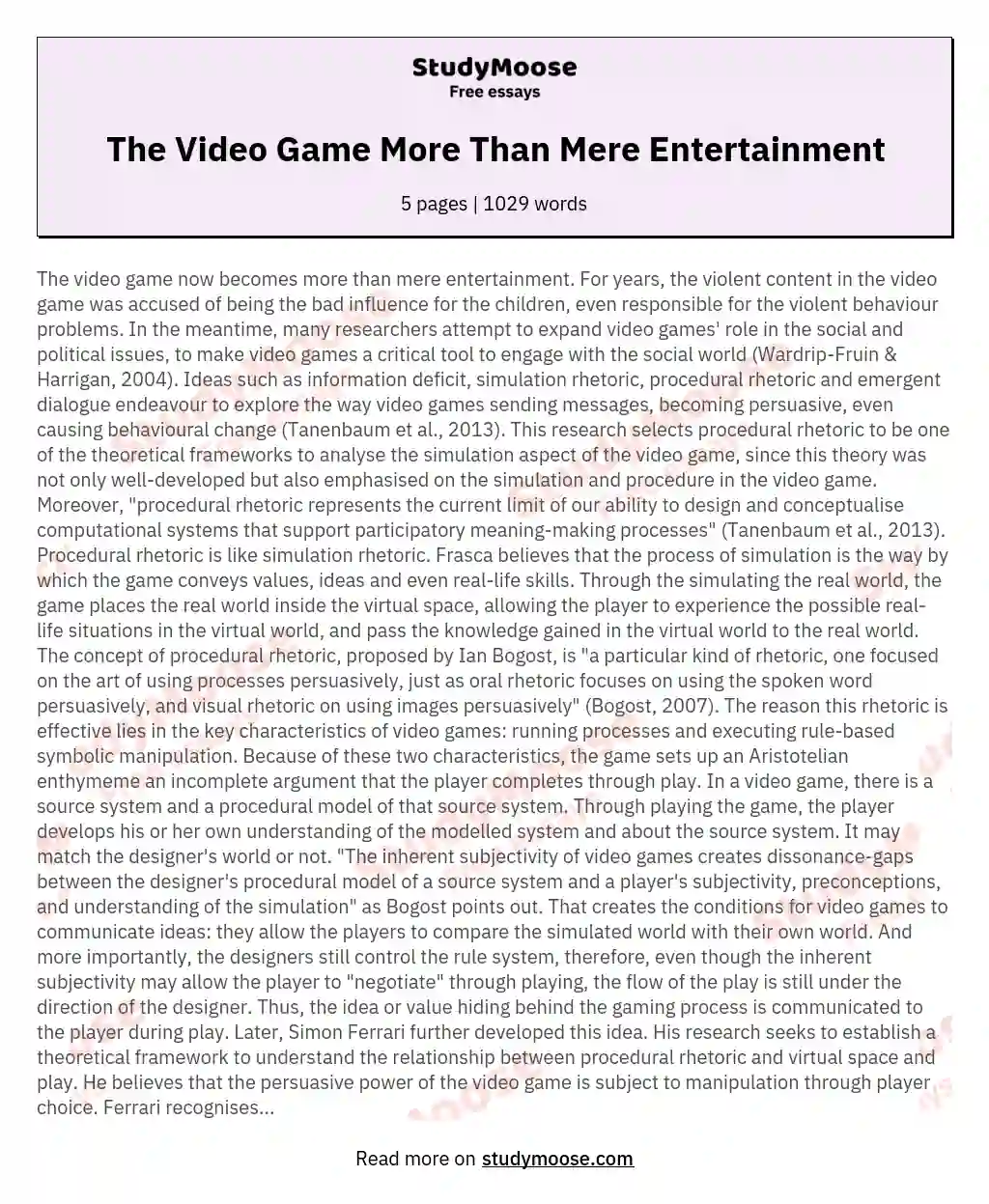 The Video Game More Than Mere Entertainment