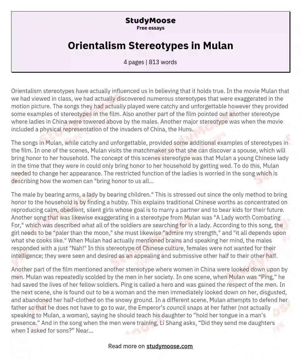 Orientalism Stereotypes in Mulan