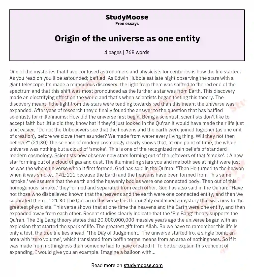 Origin of the universe as one entity essay