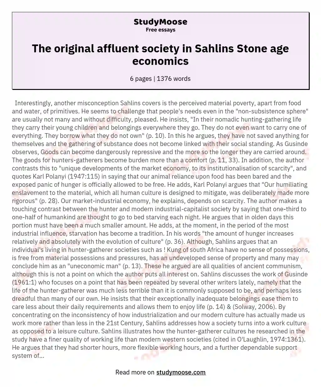 The original affluent society in Sahlins Stone age economics