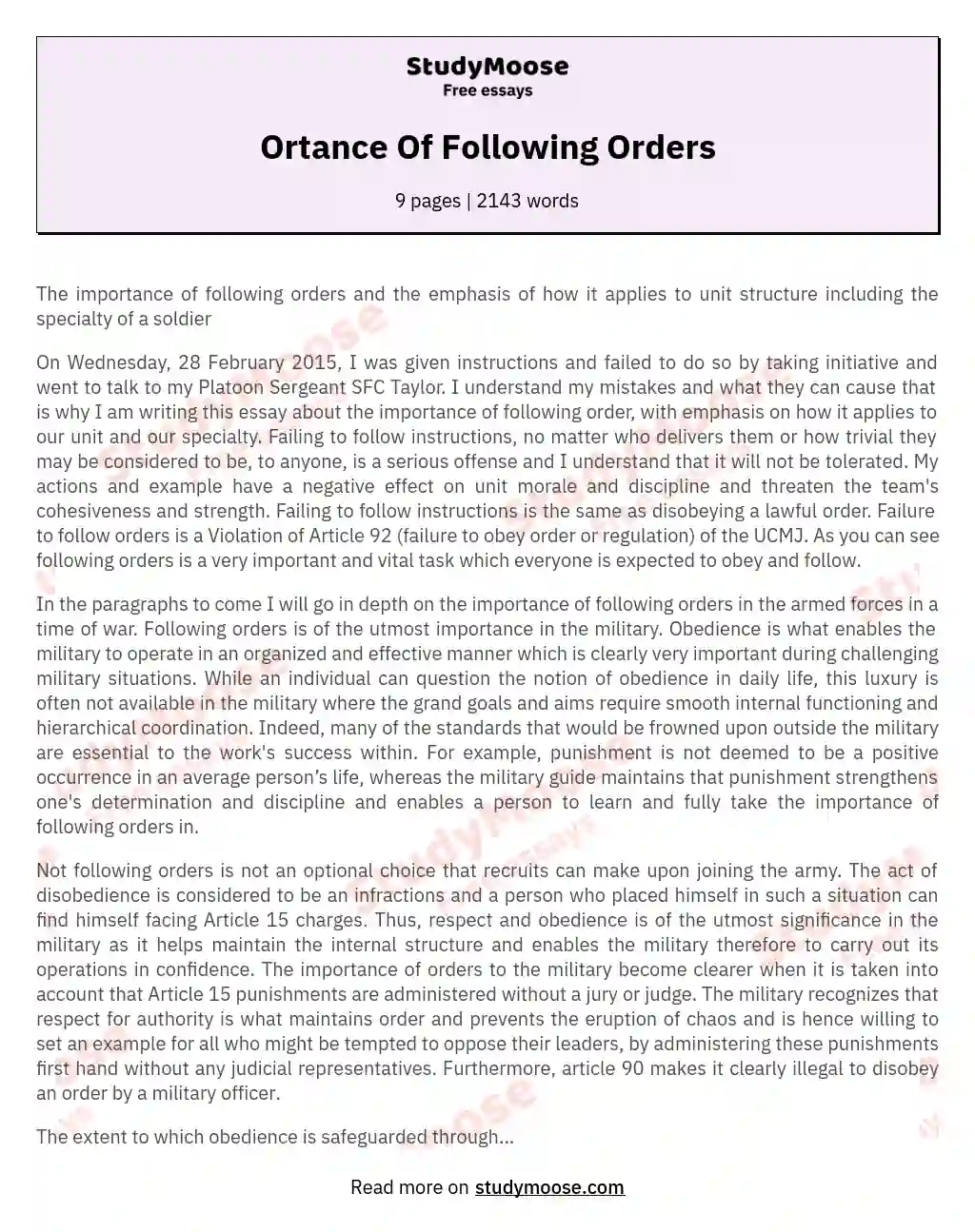 Ortance Of Following Orders essay