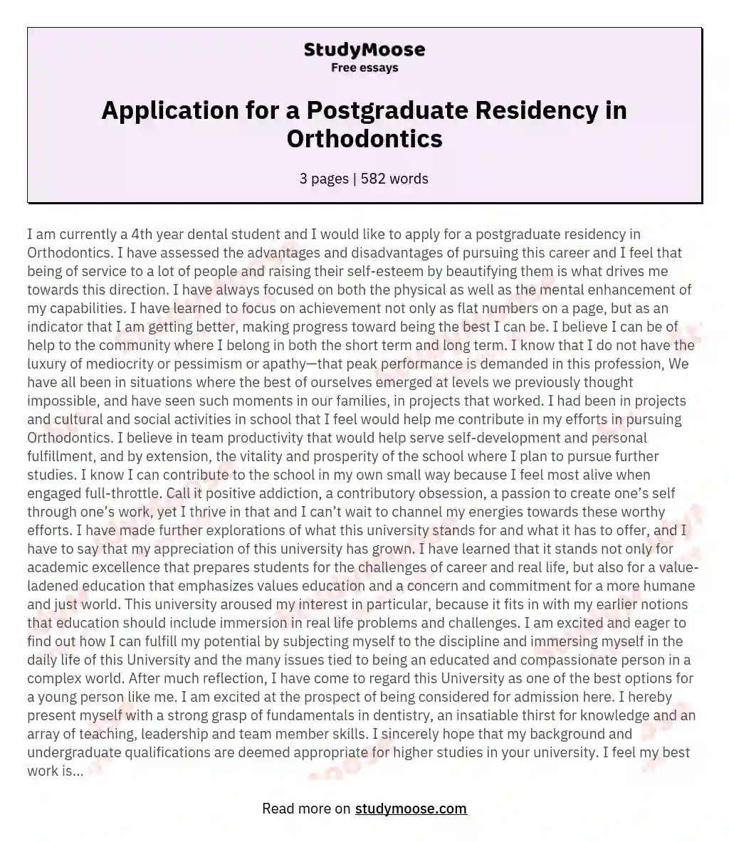 Application for a Postgraduate Residency in Orthodontics essay
