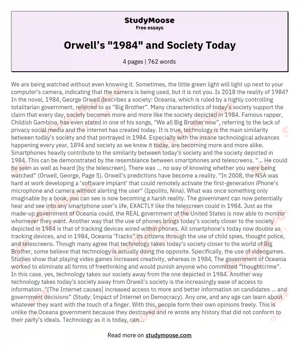 Orwell’s "1984" and Society Today essay