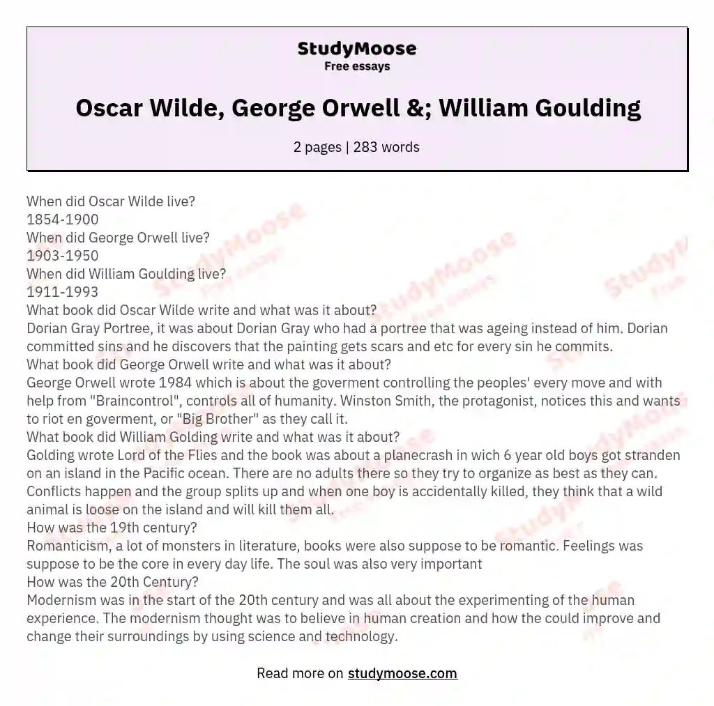 Oscar Wilde, George Orwell &; William Goulding