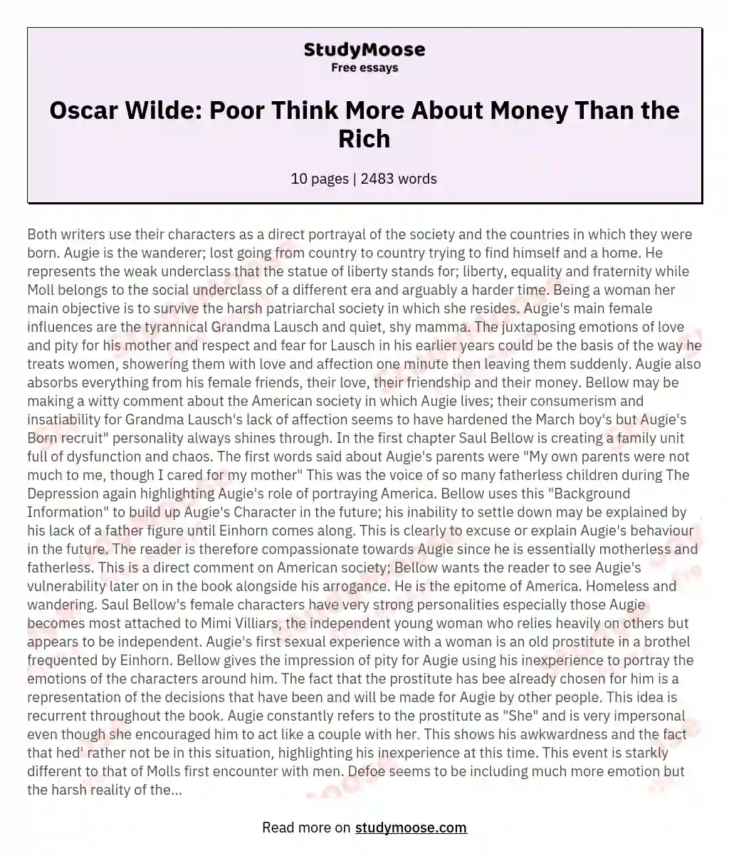 Oscar Wilde: Poor Think More About Money Than the Rich essay