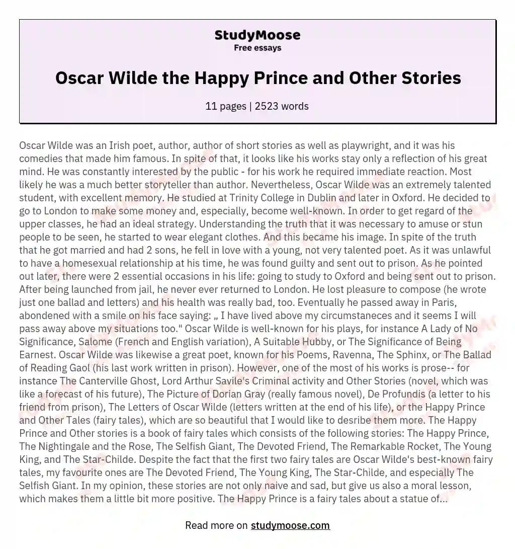 Oscar Wilde the Happy Prince and Other Stories essay