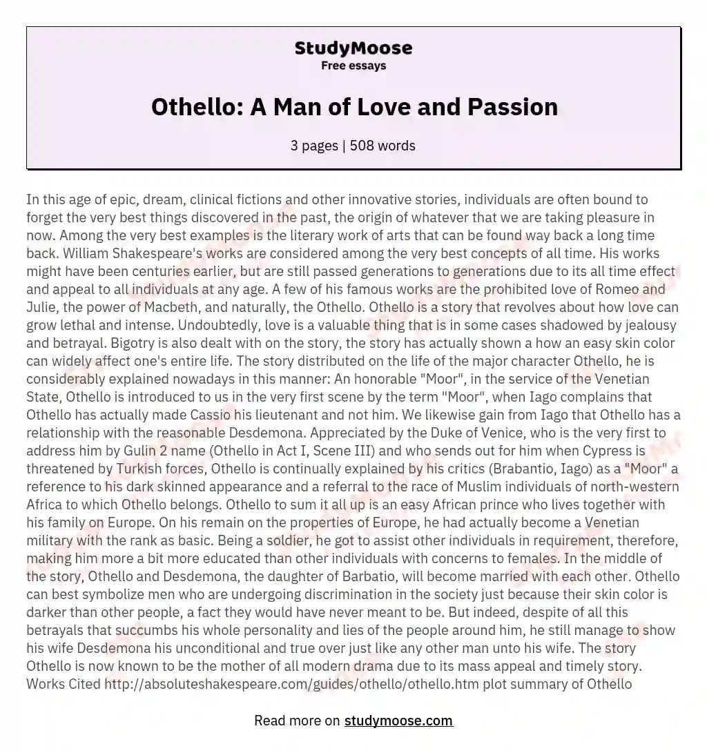Othello: A Man of Love and Passion essay