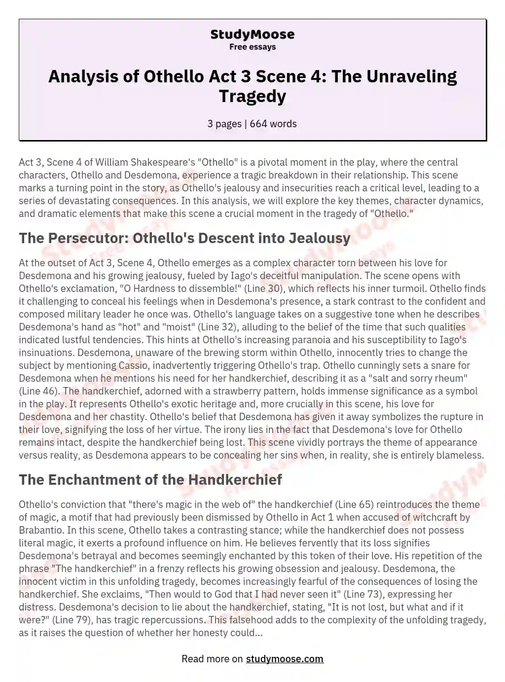 Analysis of Othello Act 3 Scene 4: The Unraveling Tragedy essay