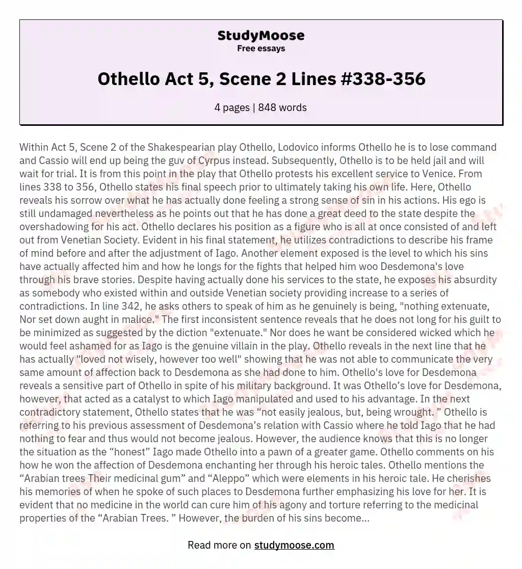 Othello Act 5, Scene 2 Lines #338-356 essay