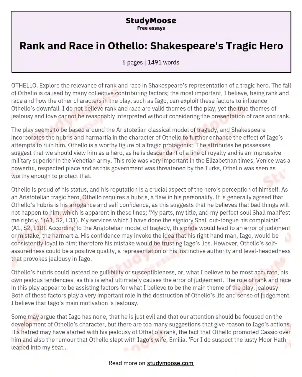 Othello - Explore the Relevance of Rank and Race in Shakespeare’s Representation of a Tragic Hero.