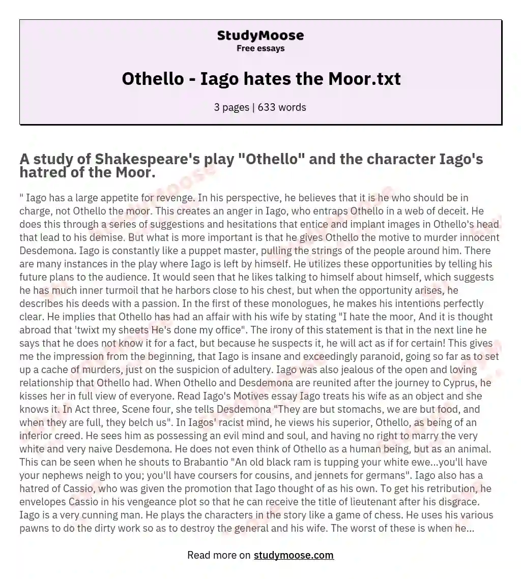 Othello - Iago hates the Moor.txt essay