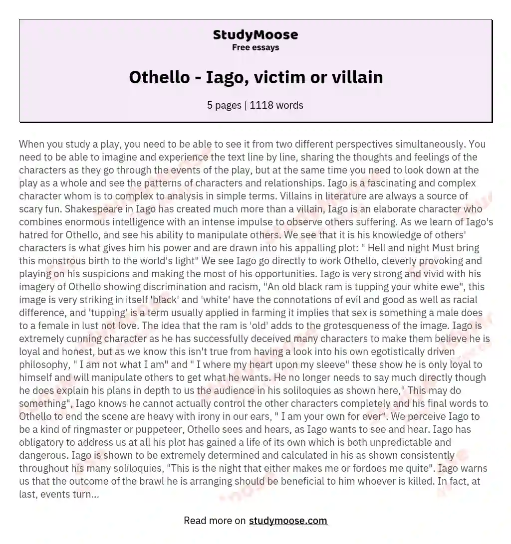 Othello - Iago, victim or villain essay