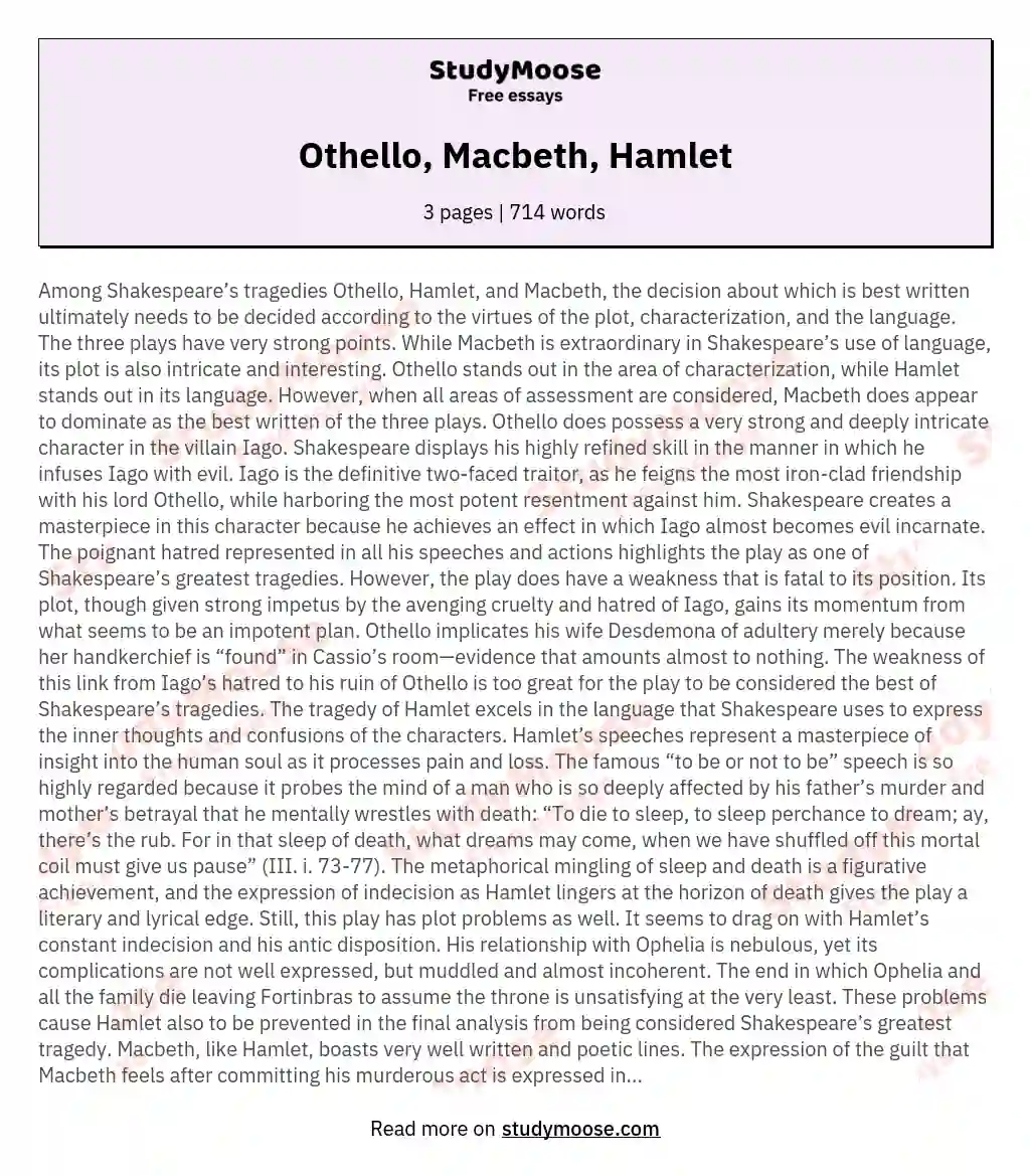 Othello, Macbeth, Hamlet essay