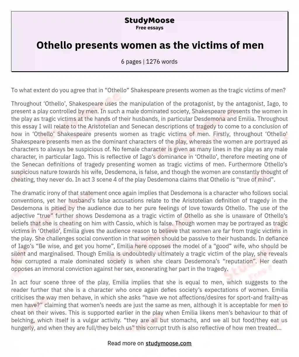 Othello presents women as the victims of men essay