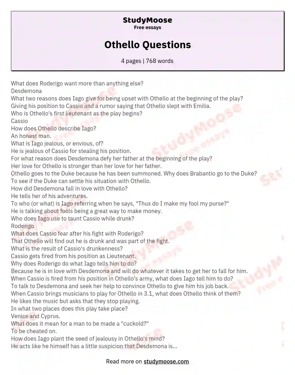 othello essay questions and answers