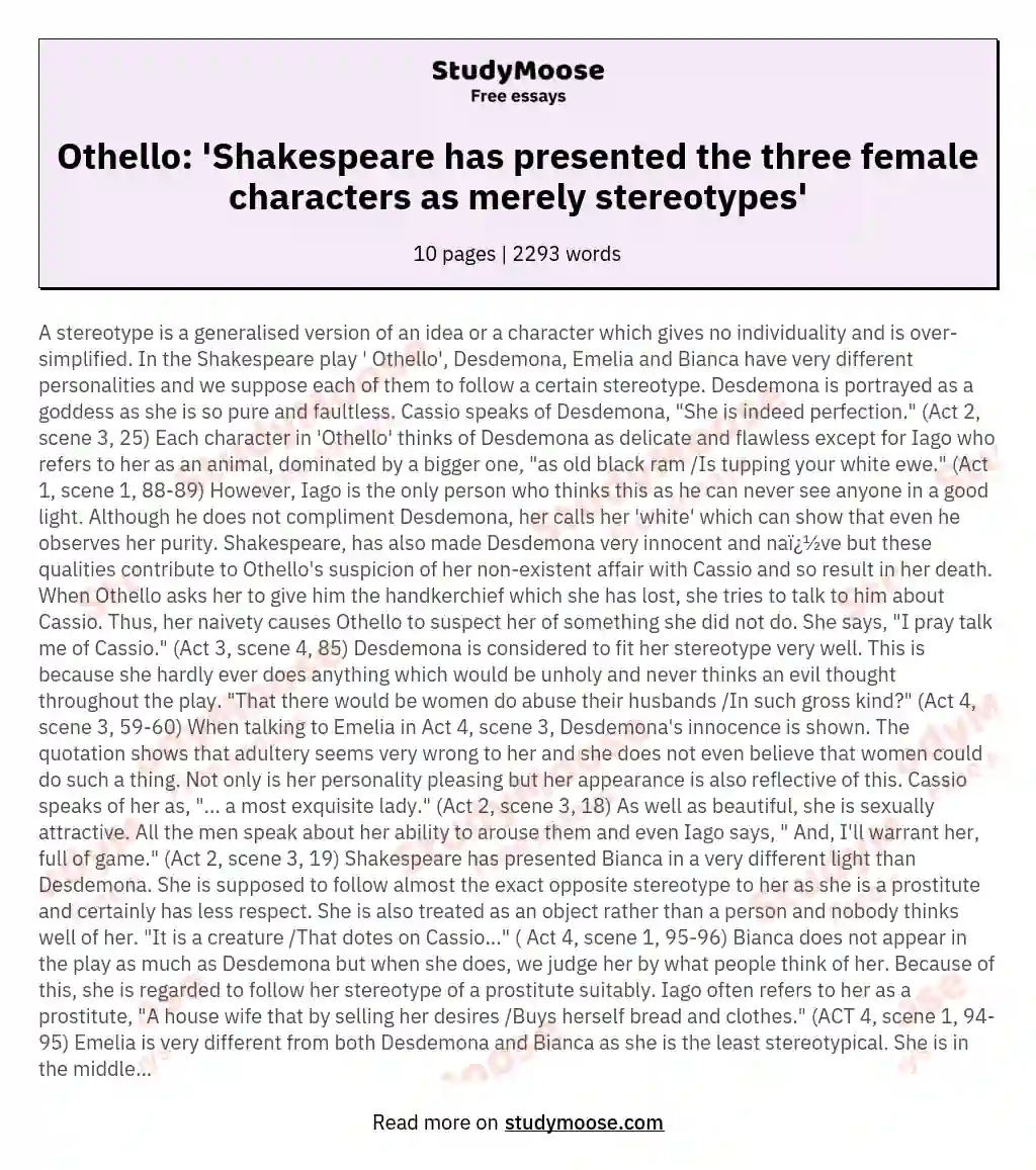 Othello: 'Shakespeare has presented the three female characters as merely stereotypes' essay