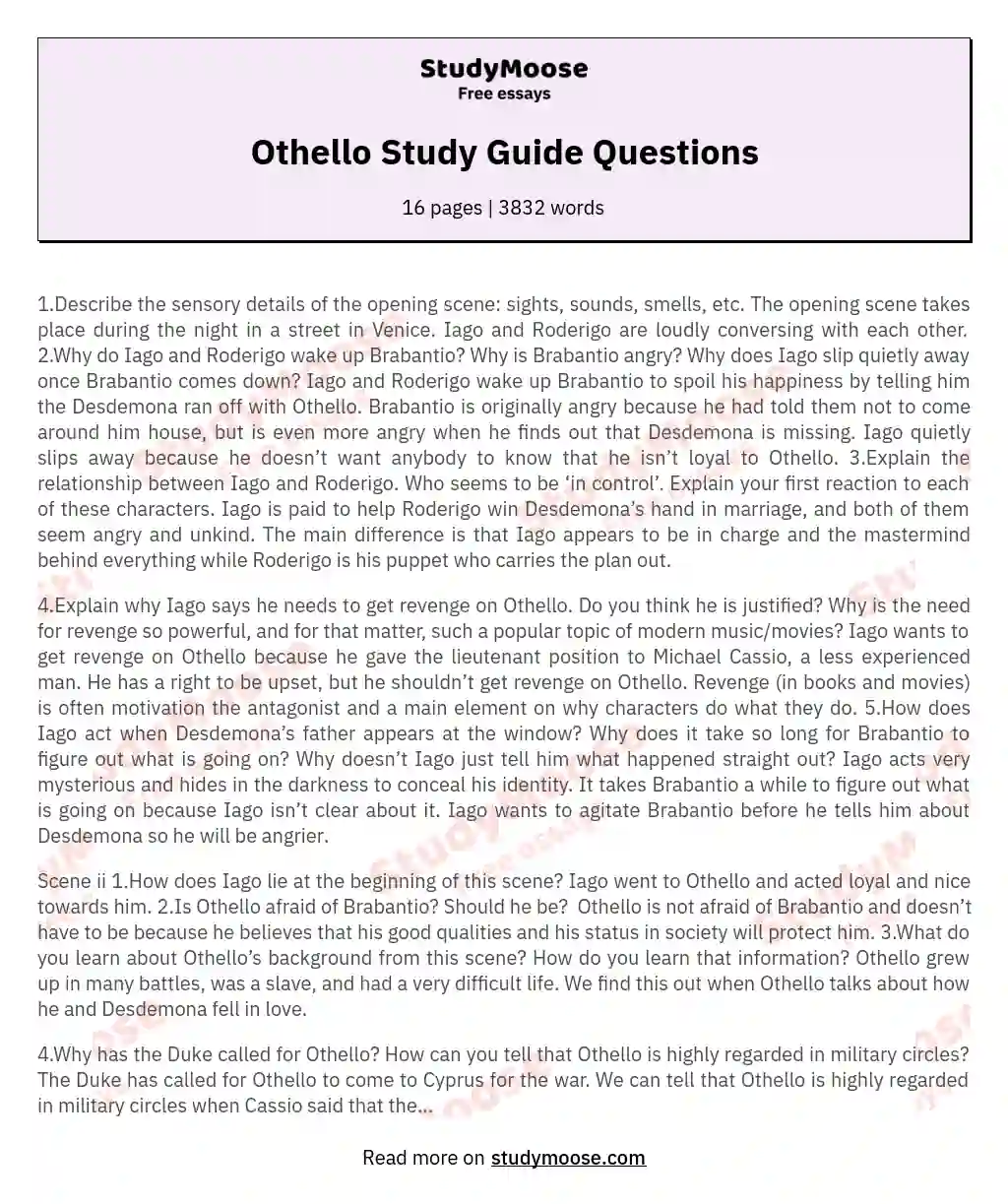 Othello Study Guide Questions essay