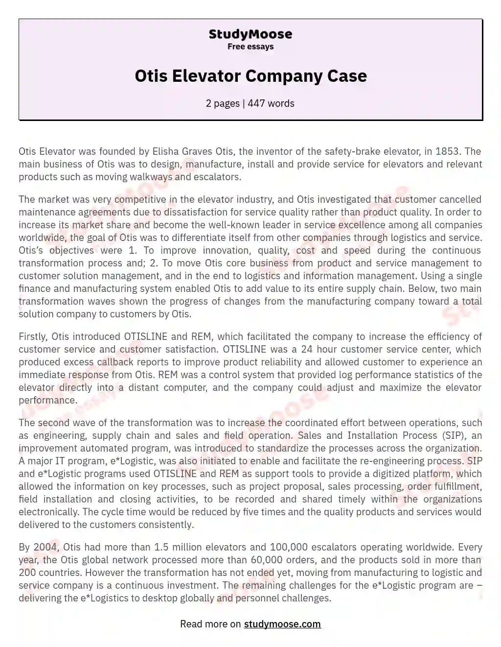 Otis Elevator Company Case essay