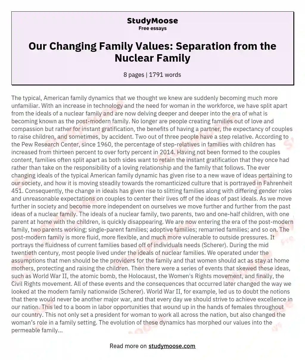 Our Changing Family Values: Separation from the Nuclear Family essay