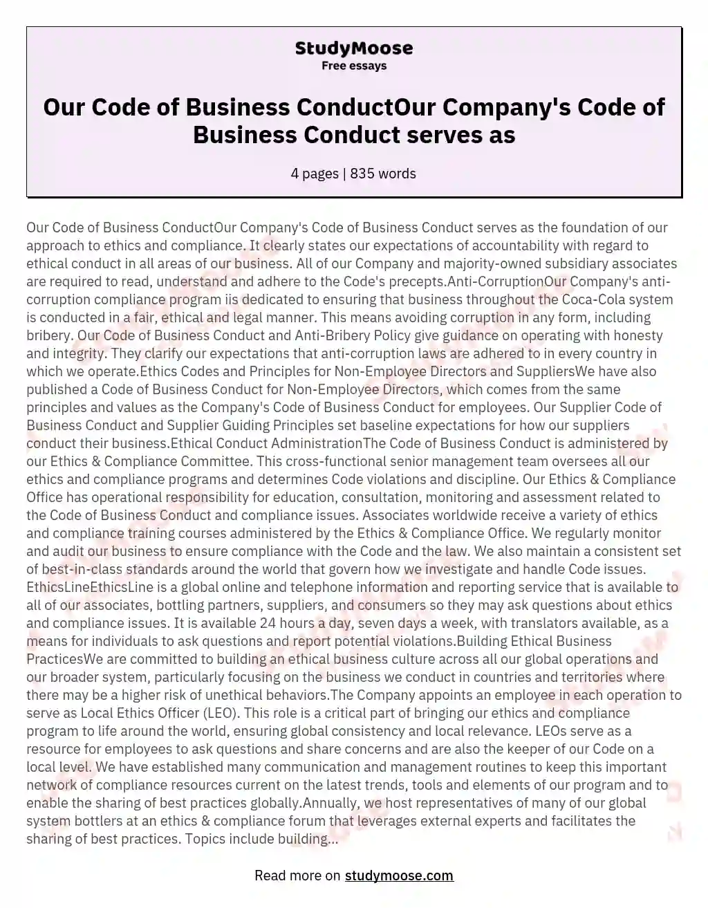 Our Code of Business ConductOur Company's Code of Business Conduct serves as