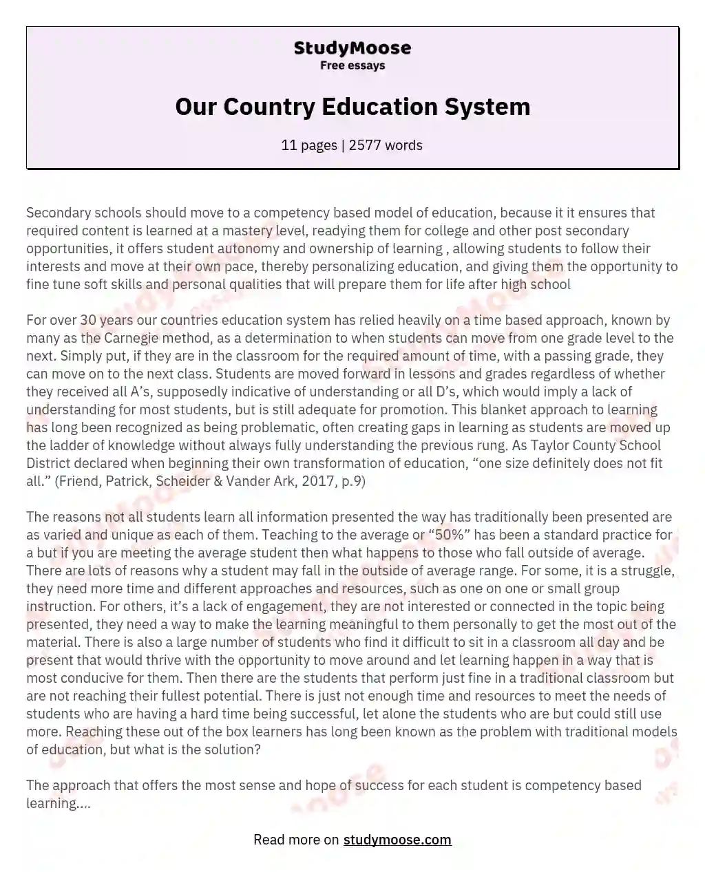 Our Country Education System essay