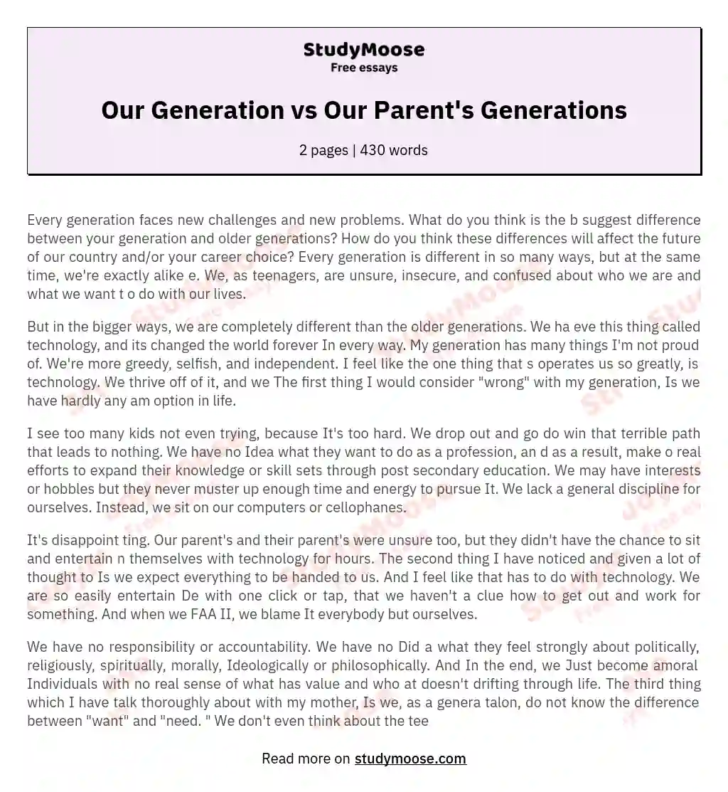 Our Generation vs Our Parent's Generations essay