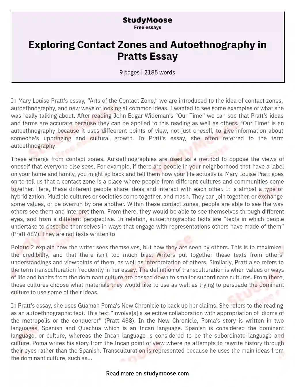 Exploring Contact Zones and Autoethnography in Pratts Essay essay